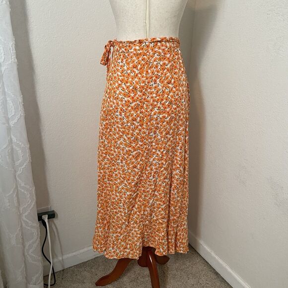 Simplee Boho Dixie Floral Wrap Skirt Ruffle Women Large Orange Flirty 90s Y2k - Picture 3 of 8